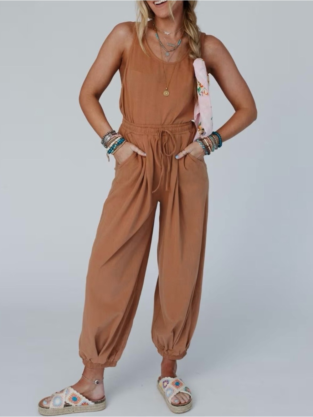 Three Bird Nest Breezy Back Knit Brown Jumpsuit Medium Boho Hippie Peasant Comfy - Picture 1 of 11